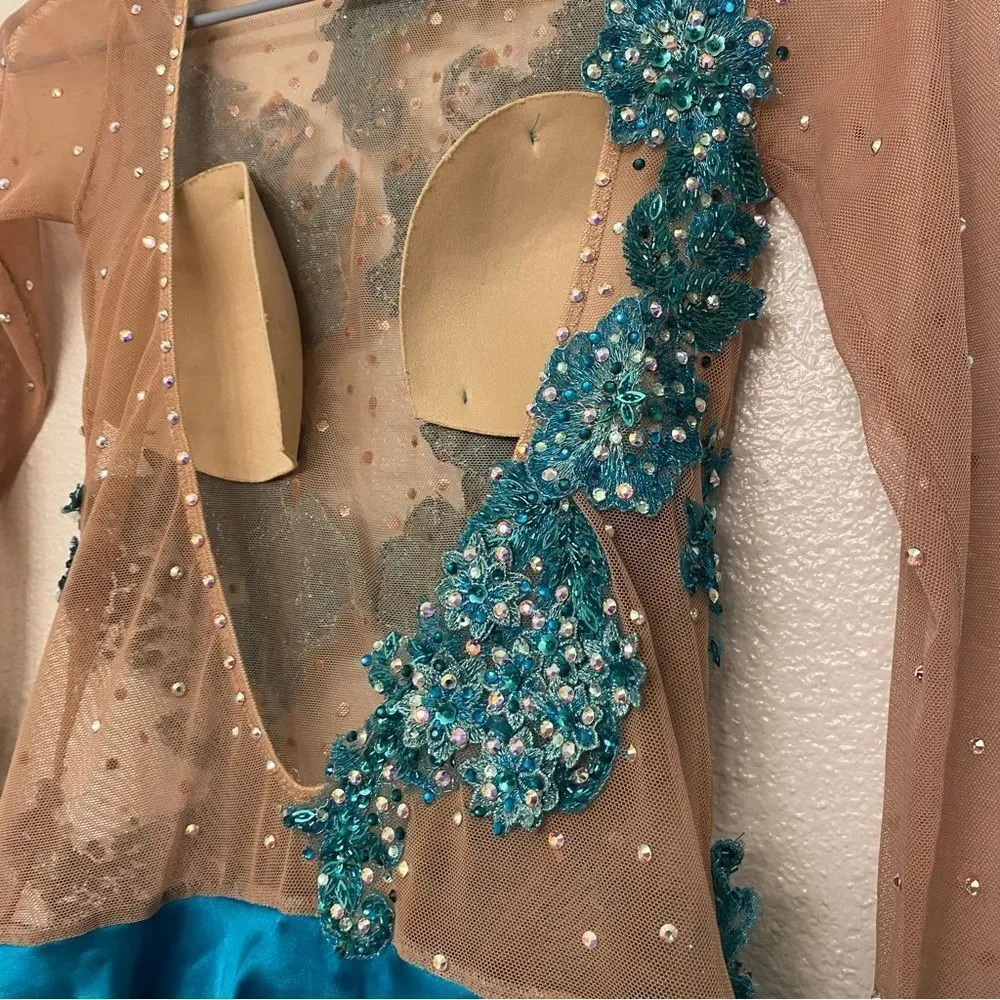 Custom Solo Dance Costume Teal Blue Lyrical Competition nude illusion SA adult